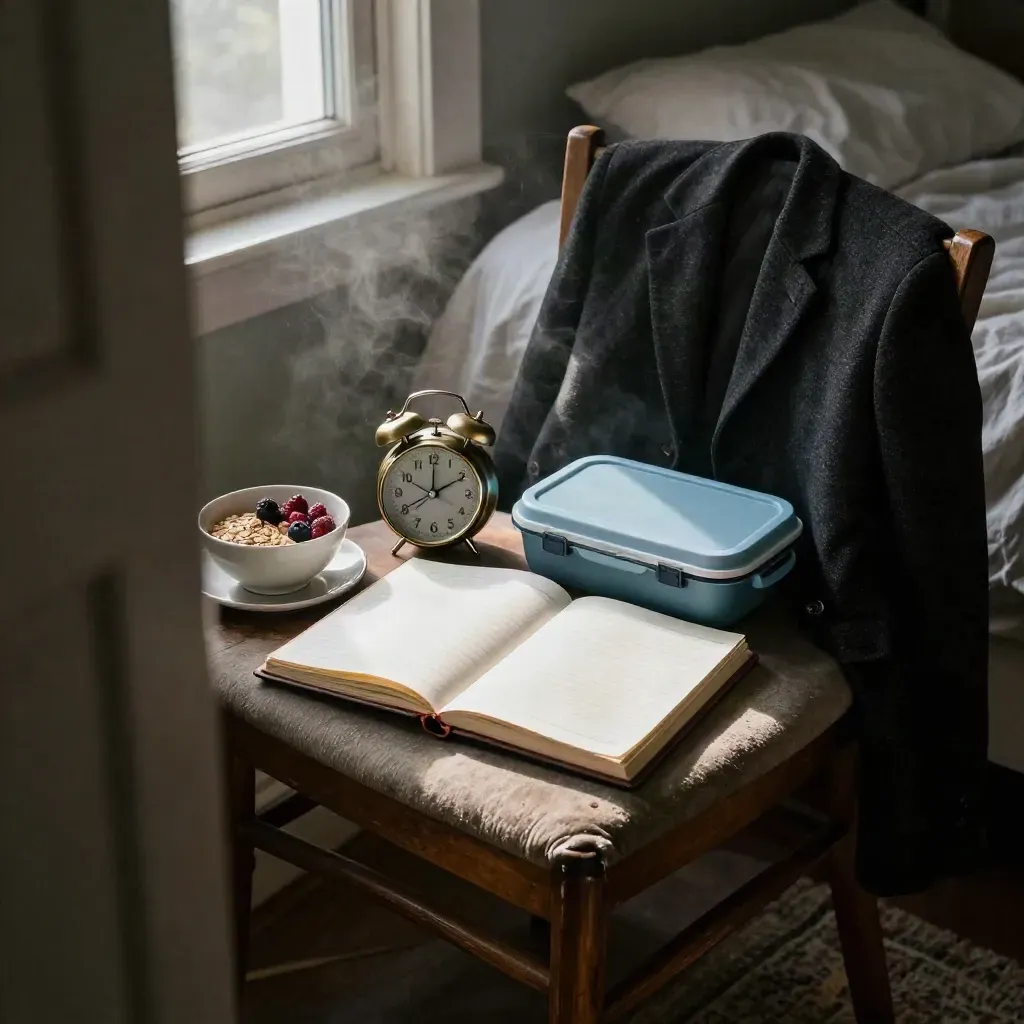 Poranny planer ucznia, śniadanie, lunchbox i kurtka w półmroku sypialni